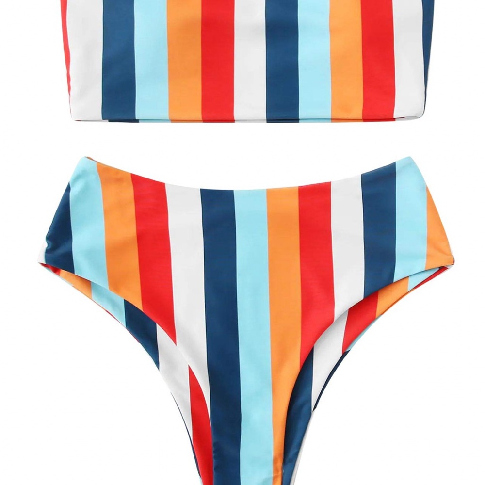 Women's High Waisted Bathing Suit Bandeau Bikini Size Med Colorful Striped NEW